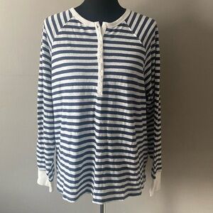 Old Navy Striped Henley Navy Blue & Off White 100% Cotton Long Sleeve Tee XL NWT